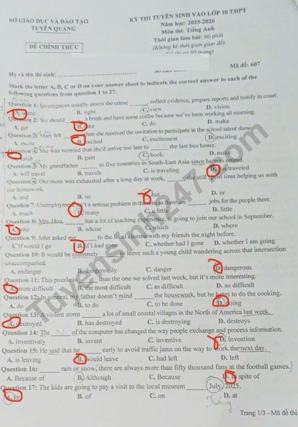 Đề thi và đáp án môn tiếng Anh vào lớp 10 tỉnh Tuyên Quang năm 2025 - 1 Đề thi và đáp án môn tiếng Anh vào lớp 10 tỉnh Tuyên Quang năm 2025 - 1