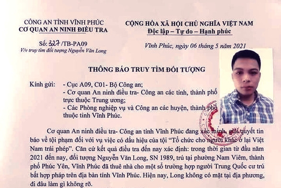 Truy tìm đối tượng thuê nhà cho nhóm người Trung Quốc cư trú bất hợp pháp - 1 Truy tìm đối tượng thuê nhà cho nhóm người Trung Quốc cư trú bất hợp pháp - 1