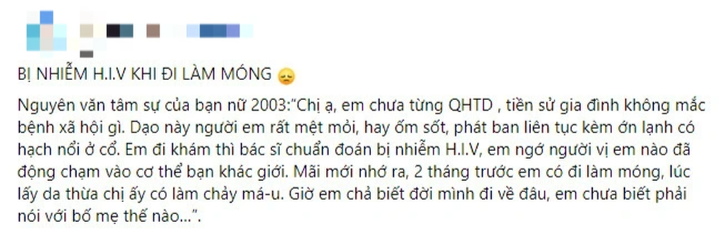 Nhiễm HIV khi đi làm móng: Bác sĩ chỉ loạt hành vi nguy cơ lây bệnh thế kỷ - 1 Nhiễm HIV khi đi làm móng: Bác sĩ chỉ loạt hành vi nguy cơ lây bệnh thế kỷ - 1