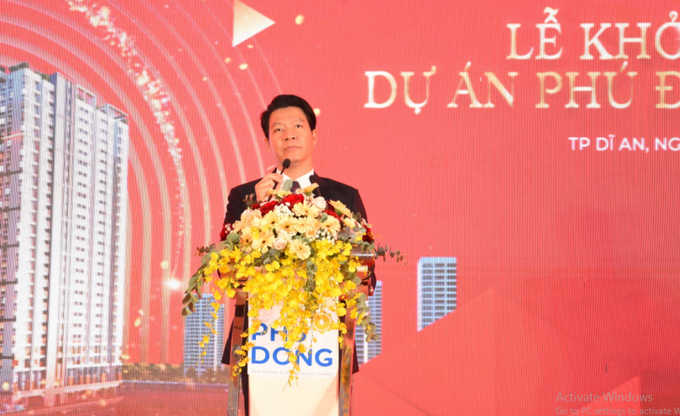 Doanh nhân Ngô Quang Phúc, Tổng giám đốc Phú Đông Group phát biểu tại buổi lễ.