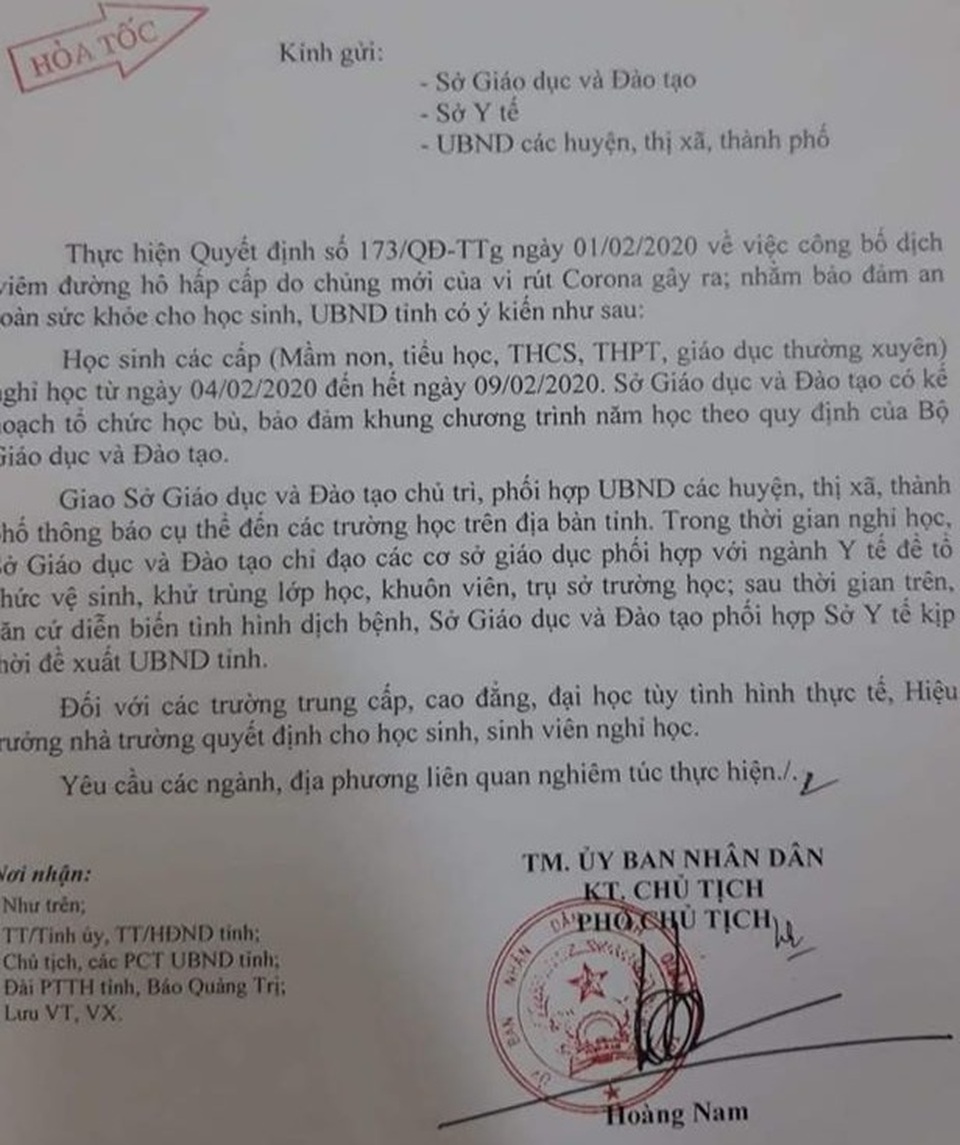 Quảng Trị chính thức cho học sinh nghỉ học từ ngày mai, phòng dịch Corona - 1 Quảng Trị chính thức cho học sinh nghỉ học từ ngày mai, phòng dịch Corona - 1