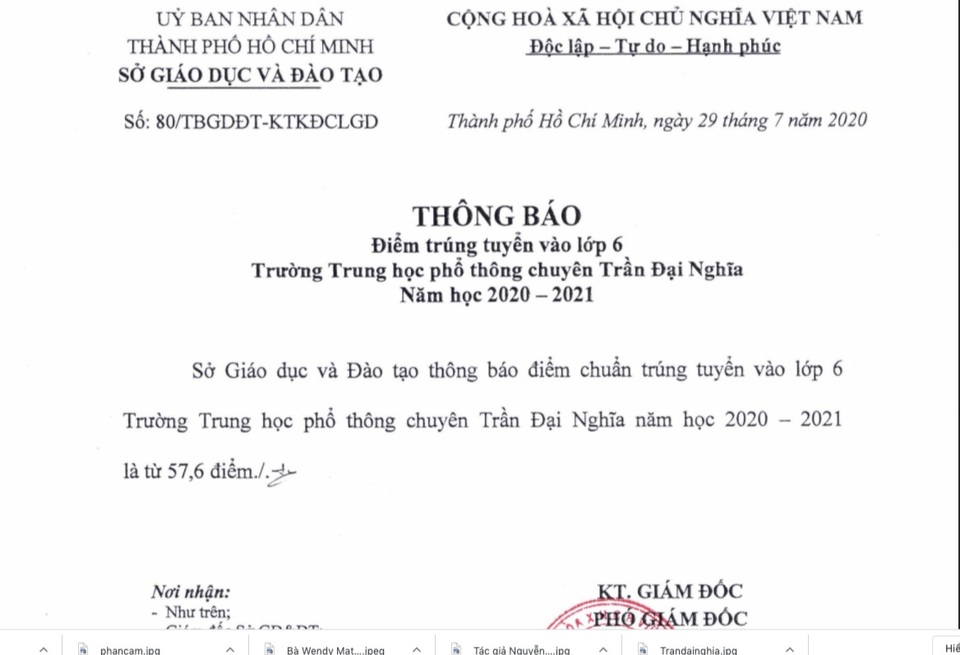 TPHCM: 57,6 điểm trúng tuyển vào lớp 6 Trường THPT chuyên Trần Đại Nghĩa - 2 TPHCM: 57,6 điểm trúng tuyển vào lớp 6 Trường THPT chuyên Trần Đại Nghĩa - 2