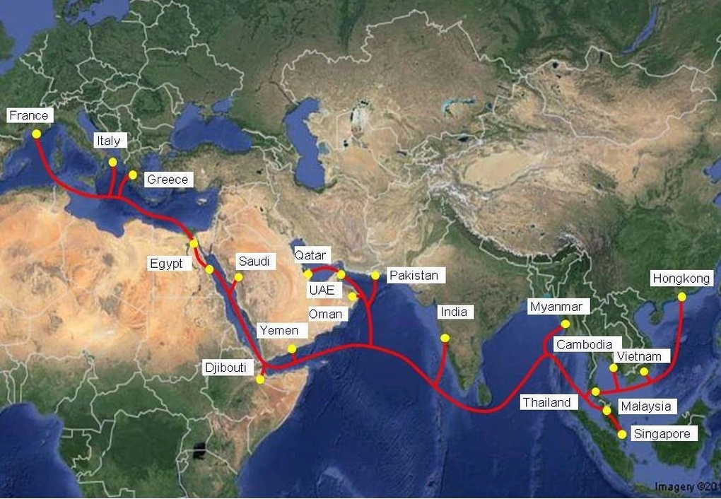 Sơ đồ của tuyến cáp quang biển AAE-1 (Asia - Africa - Europe).