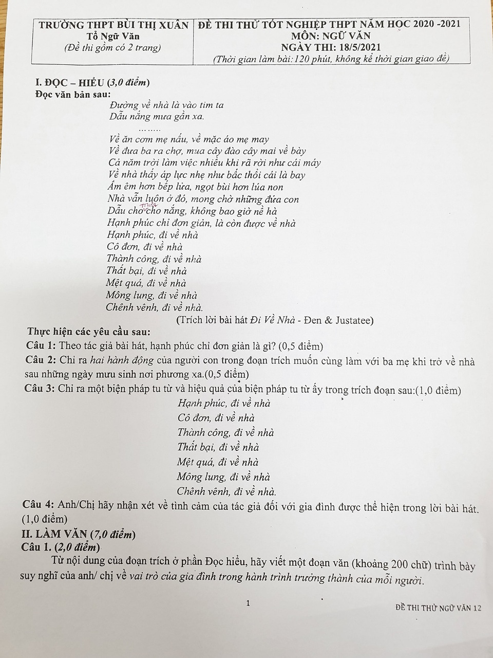 Rap Đen Vâu vào đề thi thử THPT của học trò lớp 12 Sài Gòn - 1 Rap Đen Vâu vào đề thi thử THPT của học trò lớp 12 Sài Gòn - 1