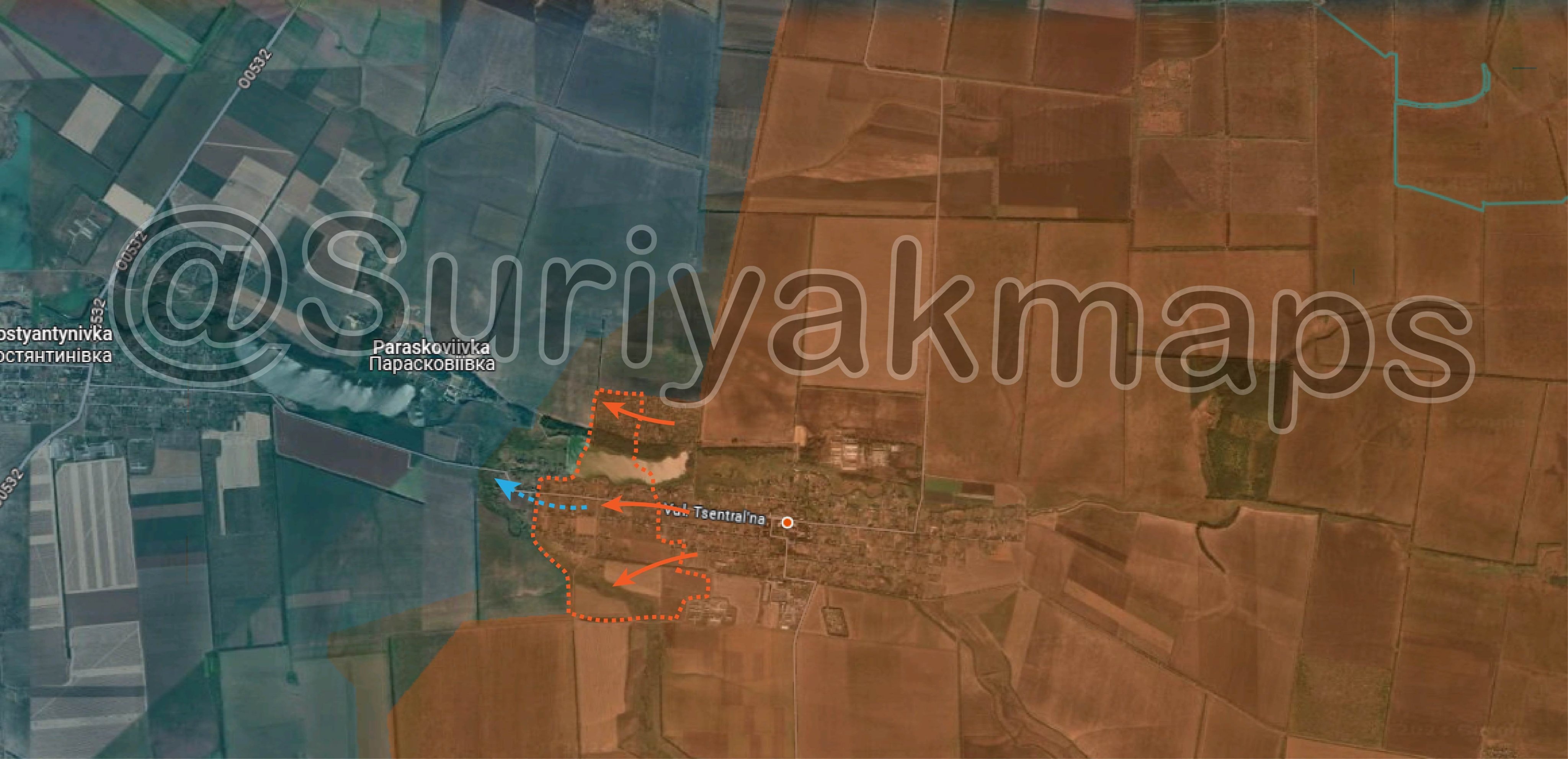 Bản đồ chiến sự Ukraine tại Novomikhailivka ngày 20/4. Trong đó, Nga kiểm soát phần màu nâu, các mũi tên màu cam thể hiện hướng tấn công của họ và khu vực bao quanh bởi nét đứt màu cam là nơi lực lượng Moscow vừa giành được, các mũi tên xanh là hướng Kiev rút lui (Ảnh: Suriyakmaps).