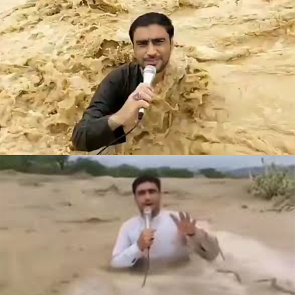 Khoảnh khắc phóng viên Pakistan bị cuốn trôi khi đưa tin trực tiếp lũ lụt - 1 Khoảnh khắc phóng viên Pakistan bị cuốn trôi khi đưa tin trực tiếp lũ lụt - 1