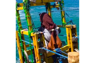 Ngồi cáp treo bằng gỗ để vượt biển qua sóng dữ