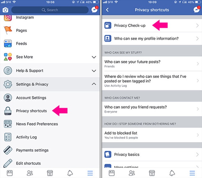 Truy cập Privacy Check-up trên thiết lập bảo mật của ứng dụng facebook. ẢNH CHỤP MÀN HÌNH