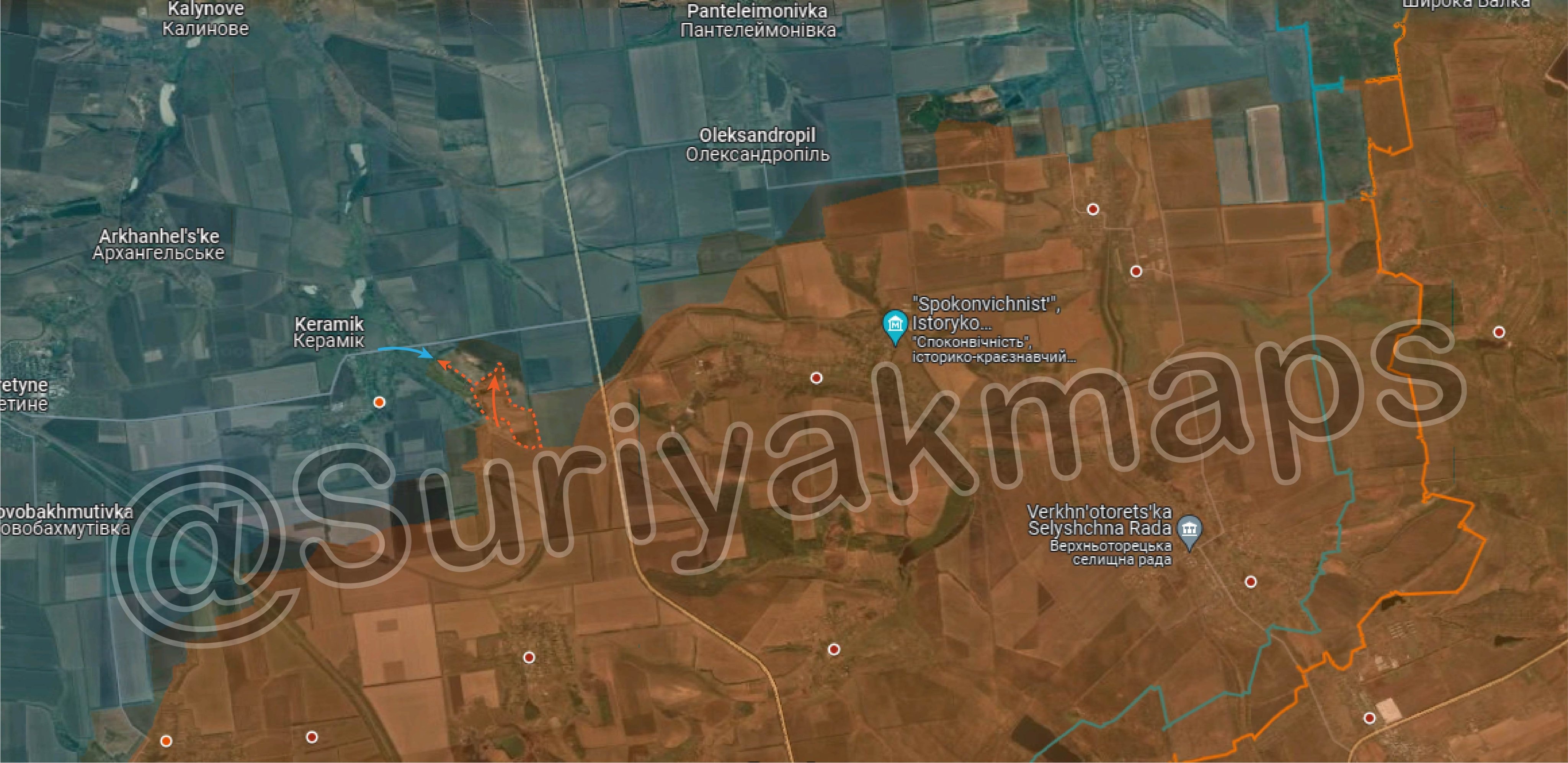 Bản đồ chiến sự Ukraine tại bắc Avdiivka ngày 11/4. Trong đó, Nga kiểm soát phần màu nâu, mũi tên màu cam thể hiện hướng tấn công của họ và khu vực bao quanh bởi nét đứt màu cam là nơi lực lượng Moscow vừa giành quyền kiểm soát, mũi tên xanh là hướng Kiev phản kích (Ảnh: Suriyakmaps).