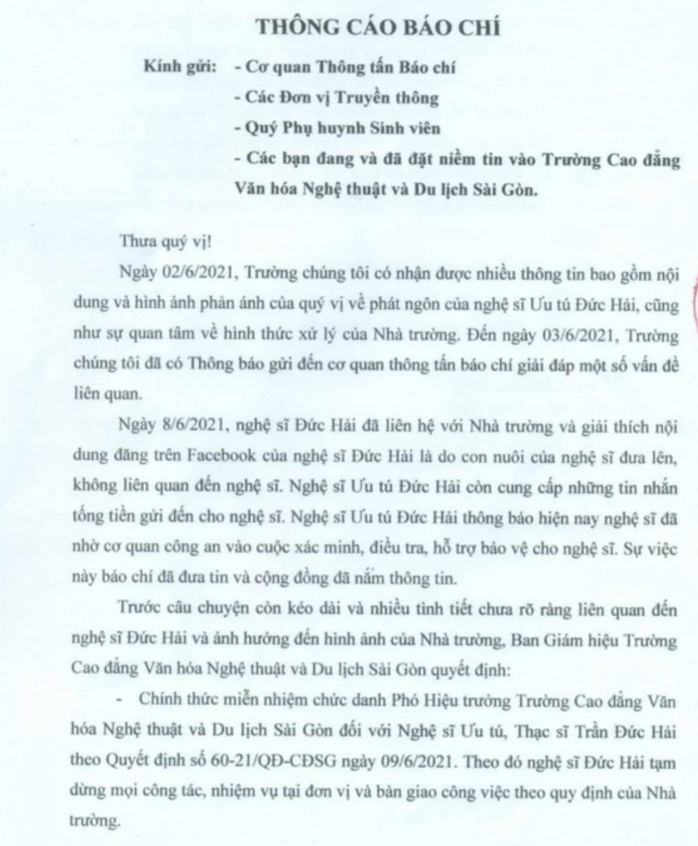 Nghệ sĩ Đức Hải bị miễn nhiệm chức vụ Phó hiệu trưởng - 2 Nghệ sĩ Đức Hải bị miễn nhiệm chức vụ Phó hiệu trưởng - 2