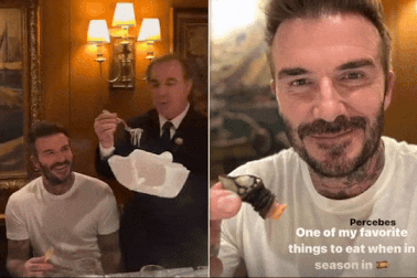 David Beckham được nhân viên nhà hàng đút đồ ăn tận miệng