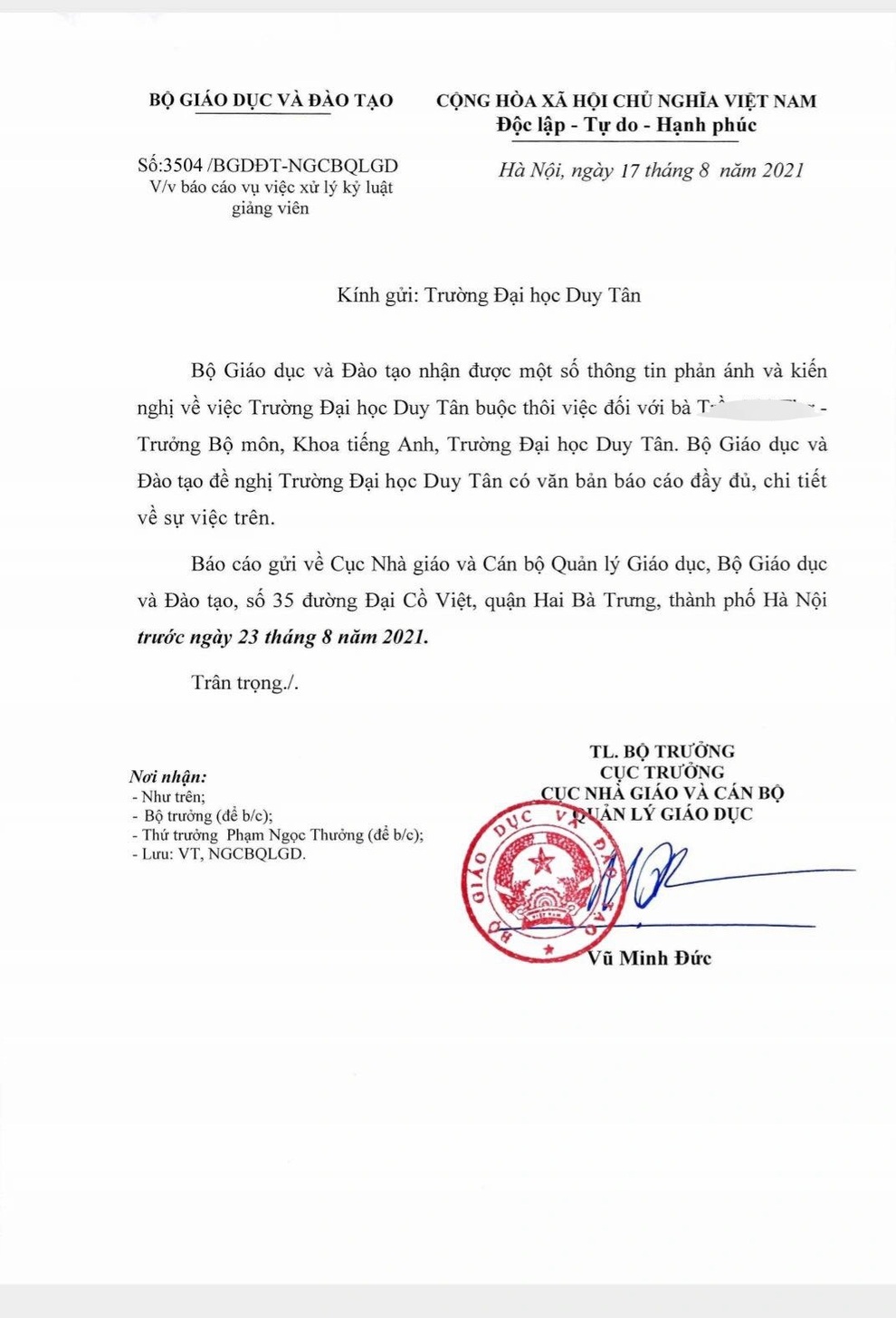 Bộ GD-ĐT yêu cầu ĐH Duy Tân báo cáo vụ đình chỉ giảng viên vì phát ngôn sai - 1 Bộ GD-ĐT yêu cầu ĐH Duy Tân báo cáo vụ đình chỉ giảng viên vì phát ngôn sai - 1