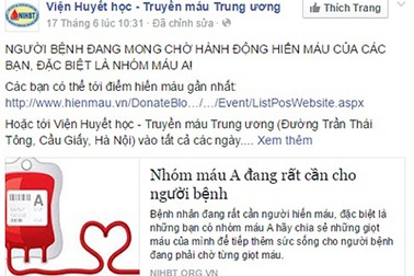 Cộng đồng mạng chung tay kêu gọi hiến máu cứu người