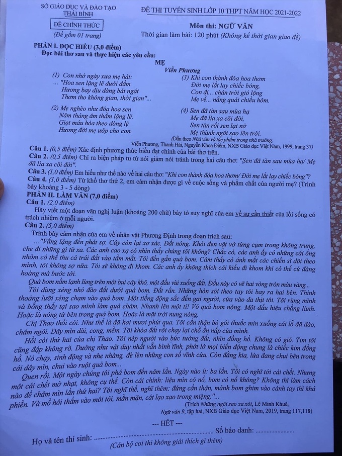Đáp án môn Ngữ văn thi vào lớp 10 THPT tỉnh Thái Bình năm học 2021-2022 - Ảnh 1.