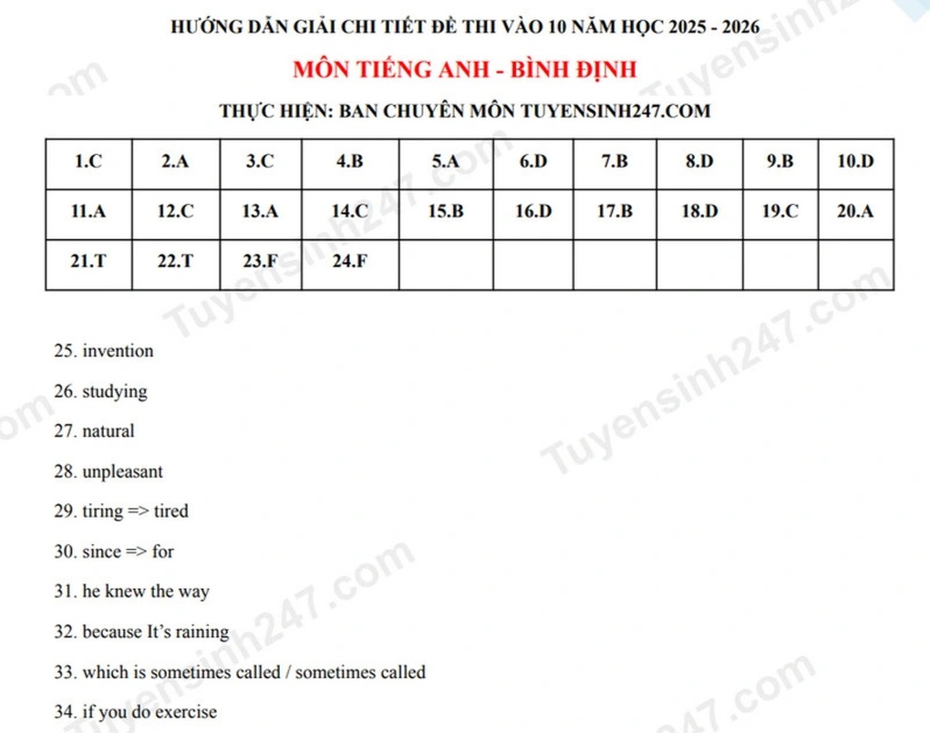 Đáp án tất cả các môn thi vào lớp 10 năm 2025 của tỉnh Bình Định - 9 Đáp án tất cả các môn thi vào lớp 10 năm 2025 của tỉnh Bình Định - 9