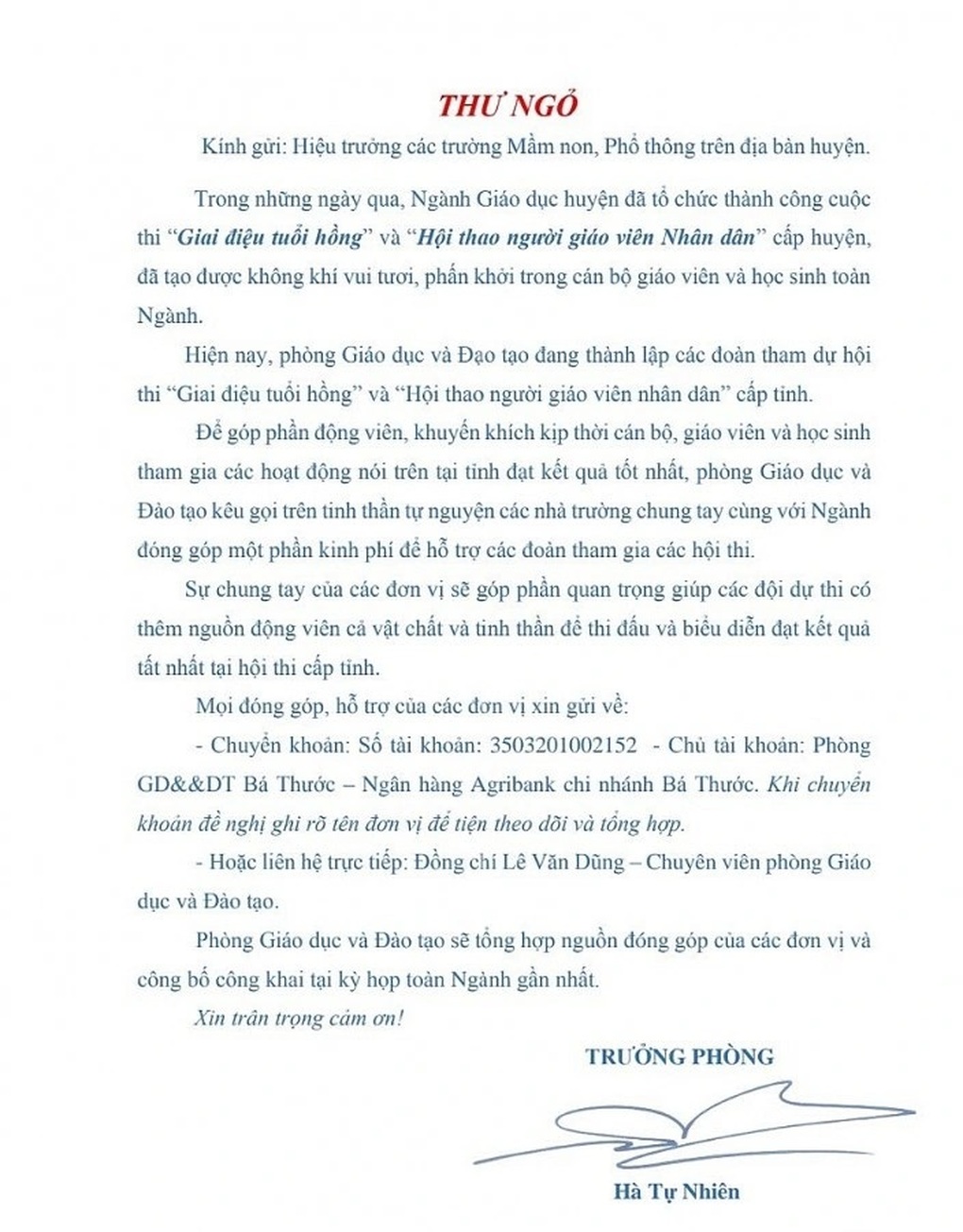 Trưởng Phòng GDĐT huyện bị kỷ luật vì viết thư ngỏ xin tiền - 1
