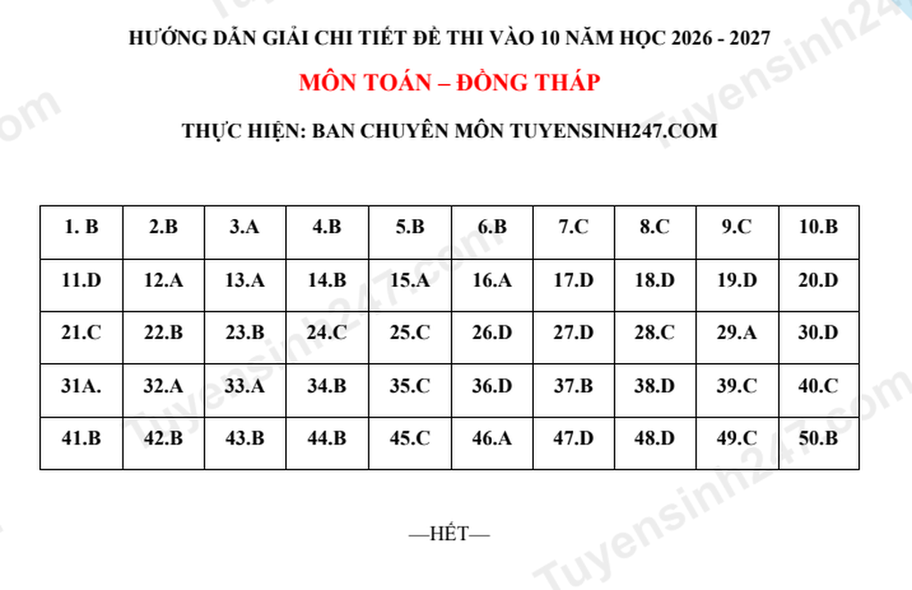 Đáp án, đề thi môn toán vào lớp 10 tỉnh Đồng Tháp năm 2026 cập nhật đầy đủ - 9