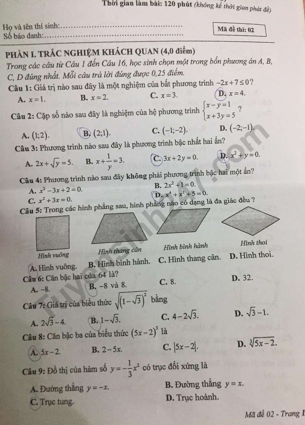 Đáp án tất cả các môn thi vào lớp 10 năm 2025 của tỉnh Quảng Bình - 5 Đáp án tất cả các môn thi vào lớp 10 năm 2025 của tỉnh Quảng Bình - 5