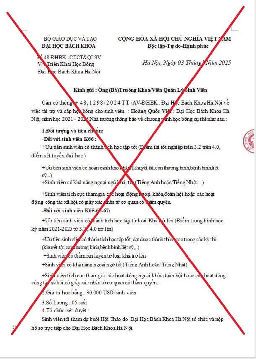 Giả mạo con dấu và chữ ký lãnh đạo Bộ GDĐT lừa đảo học bổng ĐH Bách khoa - 1