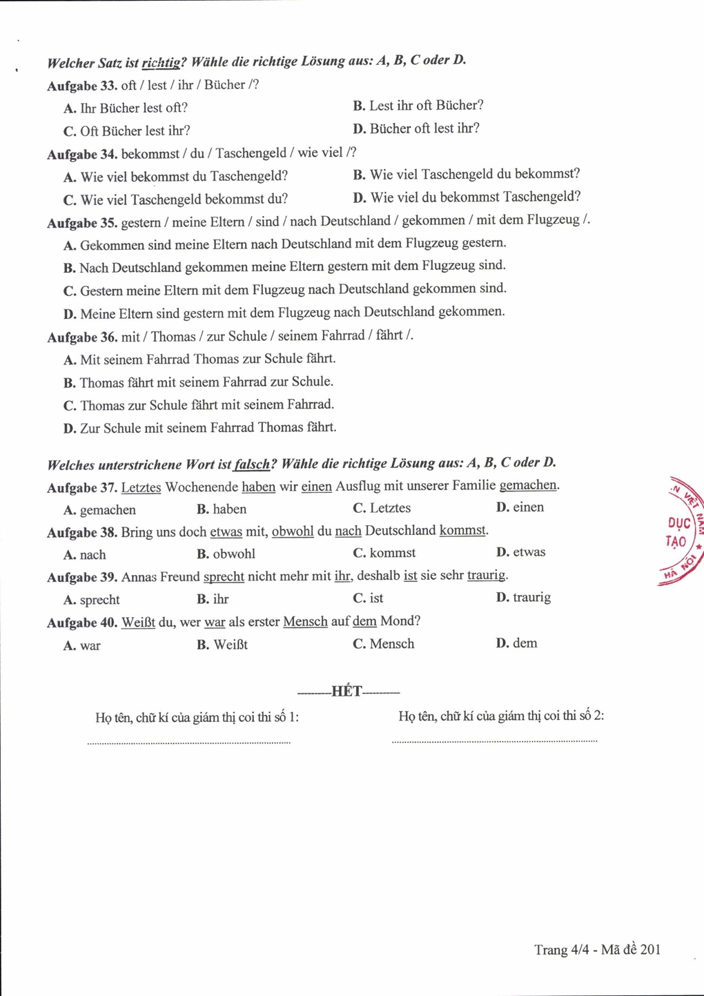 Đáp án chính thức môn tiếng Pháp, Đức, Hàn, Nhật thi vào lớp 10 Hà Nội - 9 Đáp án chính thức môn tiếng Pháp, Đức, Hàn, Nhật thi vào lớp 10 Hà Nội - 9