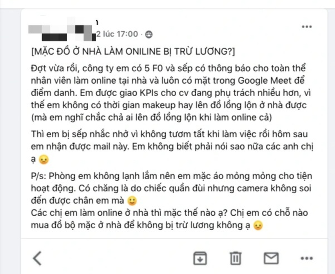 Nữ nhân viên bị trừ lương thưởng vì... mặc đồ ở nhà gây mất tập trung - 1 Nữ nhân viên bị trừ lương thưởng vì... mặc đồ ở nhà gây mất tập trung - 1