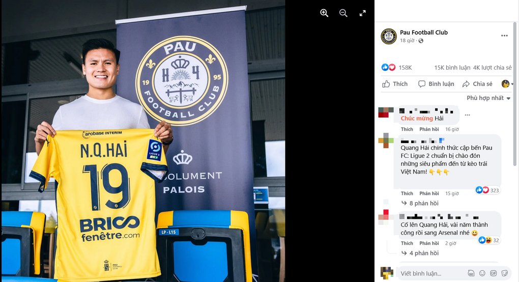 Bài viết chào mừng Quang Hải trên fanpage của Pau FC lập kỷ lục của đội bóng về lượng tương tác, chủ yếu đến từ dân mạng Việt Nam (Ảnh chụp màn hình). Bài viết chào mừng Quang Hải trên fanpage của Pau FC lập kỷ lục của đội bóng về lượng tương tác, chủ yếu đến từ dân mạng Việt Nam (Ảnh chụp màn hình).