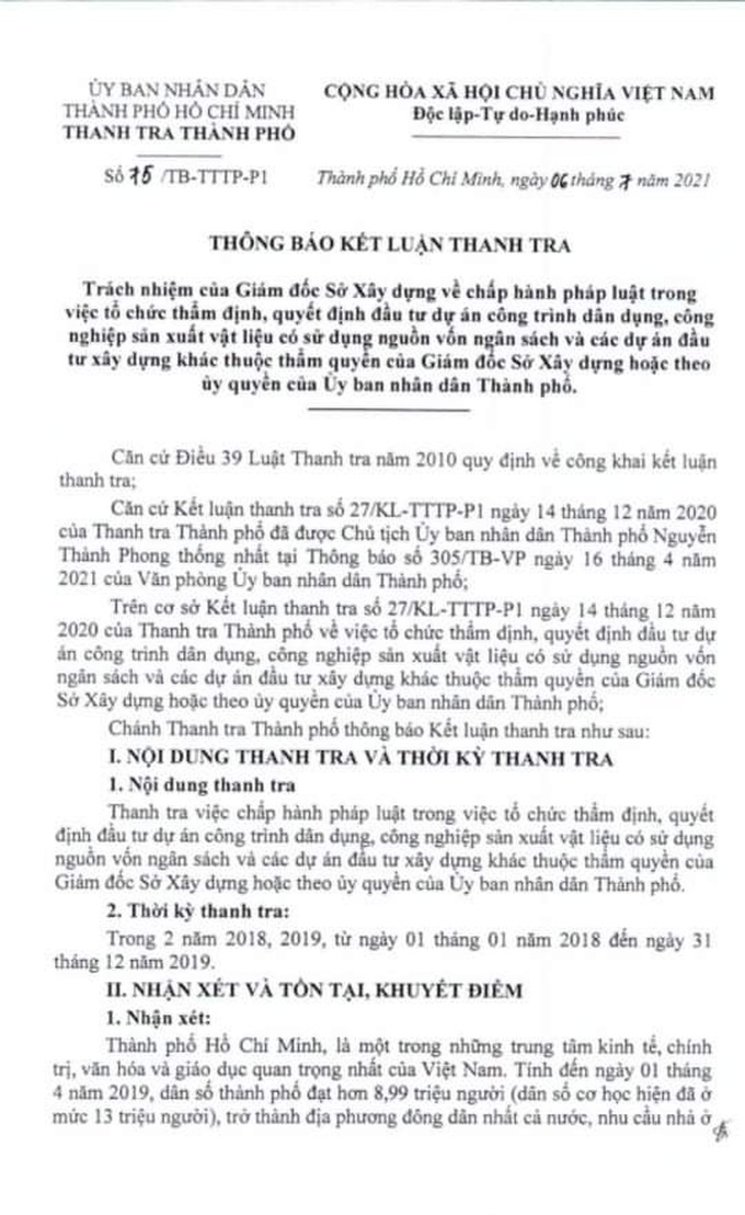 Thanh tra chỉ ra hàng loạt sai phạm trong thẩm định dự án nhà ở của Sở xây dựng TP.HCM - Ảnh 1.