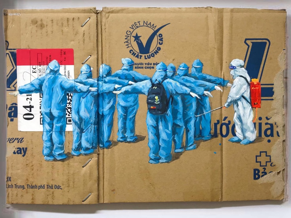 Họa sĩ trẻ tái hiện những ngày chống dịch ở TPHCM lên bìa carton - 3 Họa sĩ trẻ tái hiện những ngày chống dịch ở TPHCM lên bìa carton - 3