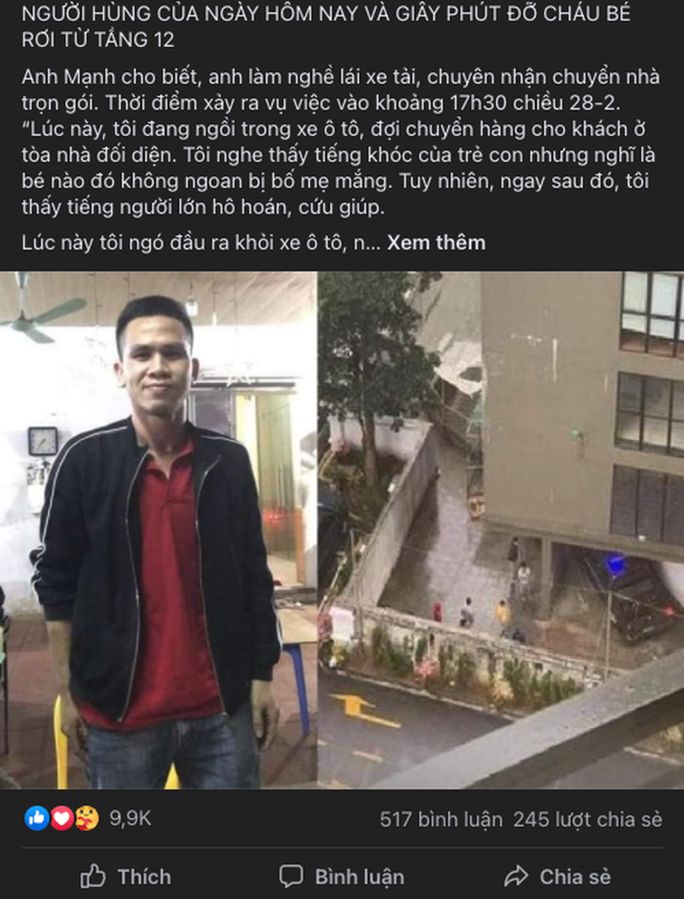 Sao Việt nể phục, muốn tặng quà tới người đàn ông cứu bé gái rơi từ tầng 12 - 1 Sao Việt nể phục, muốn tặng quà tới người đàn ông cứu bé gái rơi từ tầng 12 - 1