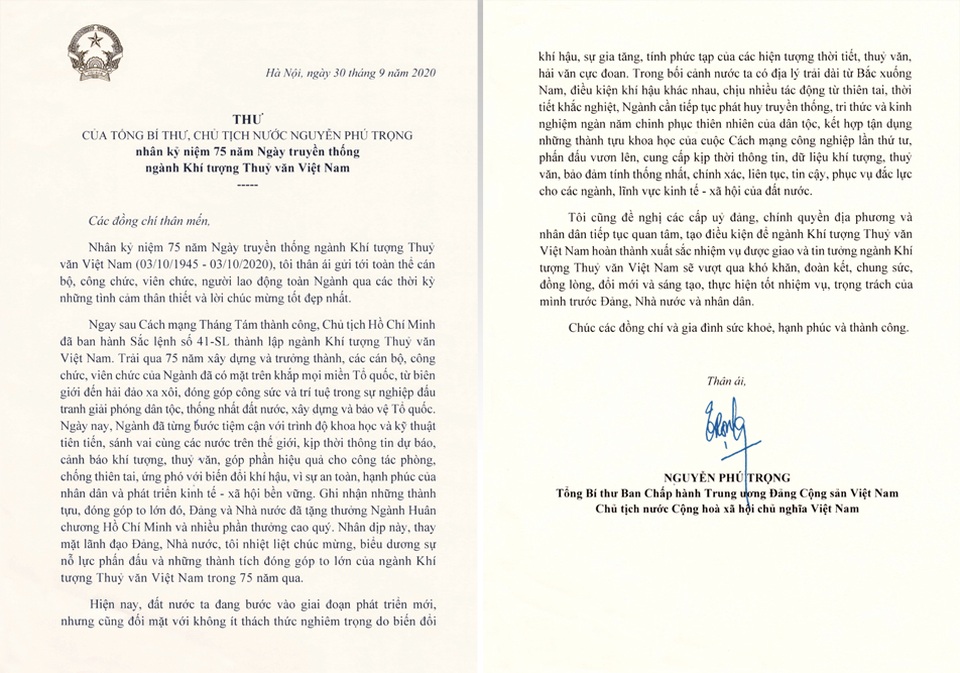 Tổng Bí thư, Chủ tịch nước gửi thư chúc mừng ngành Khí tượng thủy văn - 1 Tổng Bí thư, Chủ tịch nước gửi thư chúc mừng ngành Khí tượng thủy văn - 1