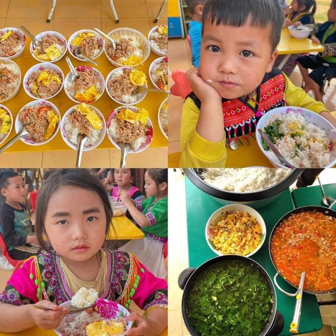 Nhờ sự hỗ trợ của các nhà hảo tâm, nhiều học sinh ở vùng cao, biên giới đã có bữa cơm trưa đủ dinh dưỡng. Ảnh Hải Anh.