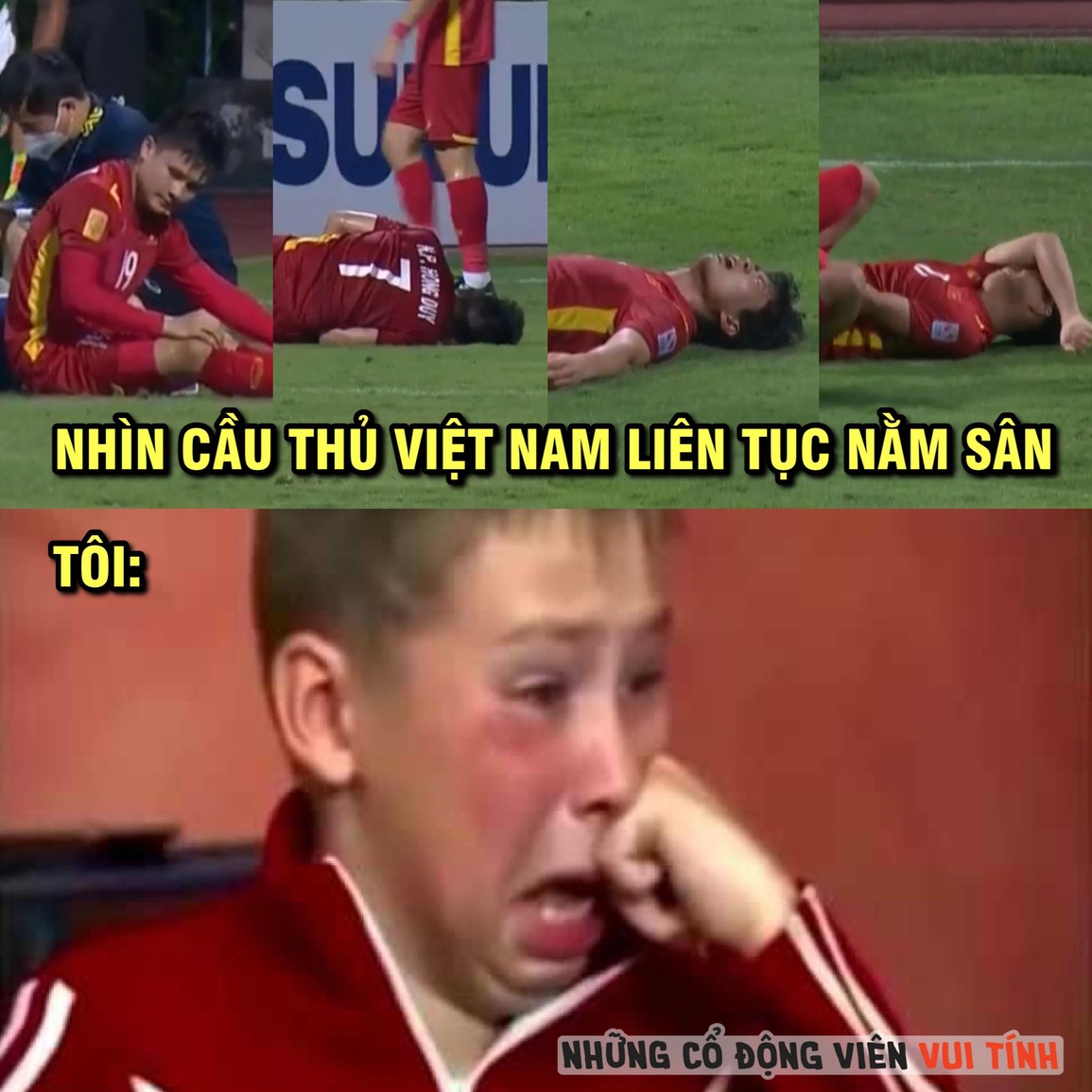 Phản ứng của các cổ động viên Việt Nam khi chứng kiến các cầu thủ đội nhà phải liên tục nằm sân (Ảnh: Những cổ động viên vui tính). Phản ứng của các cổ động viên Việt Nam khi chứng kiến các cầu thủ đội nhà phải liên tục nằm sân (Ảnh: Những cổ động viên vui tính).