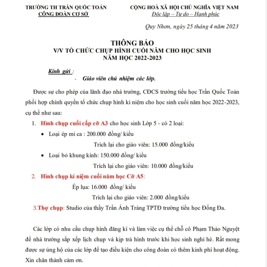 Một trường ở Bình Định trích tiền chụp ảnh của học sinh cho giáo viên - 1 Một trường ở Bình Định trích tiền chụp ảnh của học sinh cho giáo viên - 1