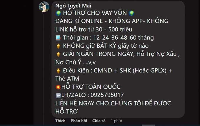Ảnh một quảng cáo cho vay qua mạng xã hội