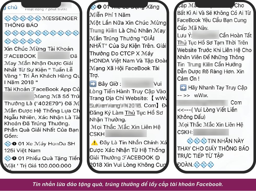 Tin nhắn lừa đảo tặng quà, trúng thưởng để lấy cắp tài khoản Facebook. Tin nhắn lừa đảo tặng quà, trúng thưởng để lấy cắp tài khoản Facebook.