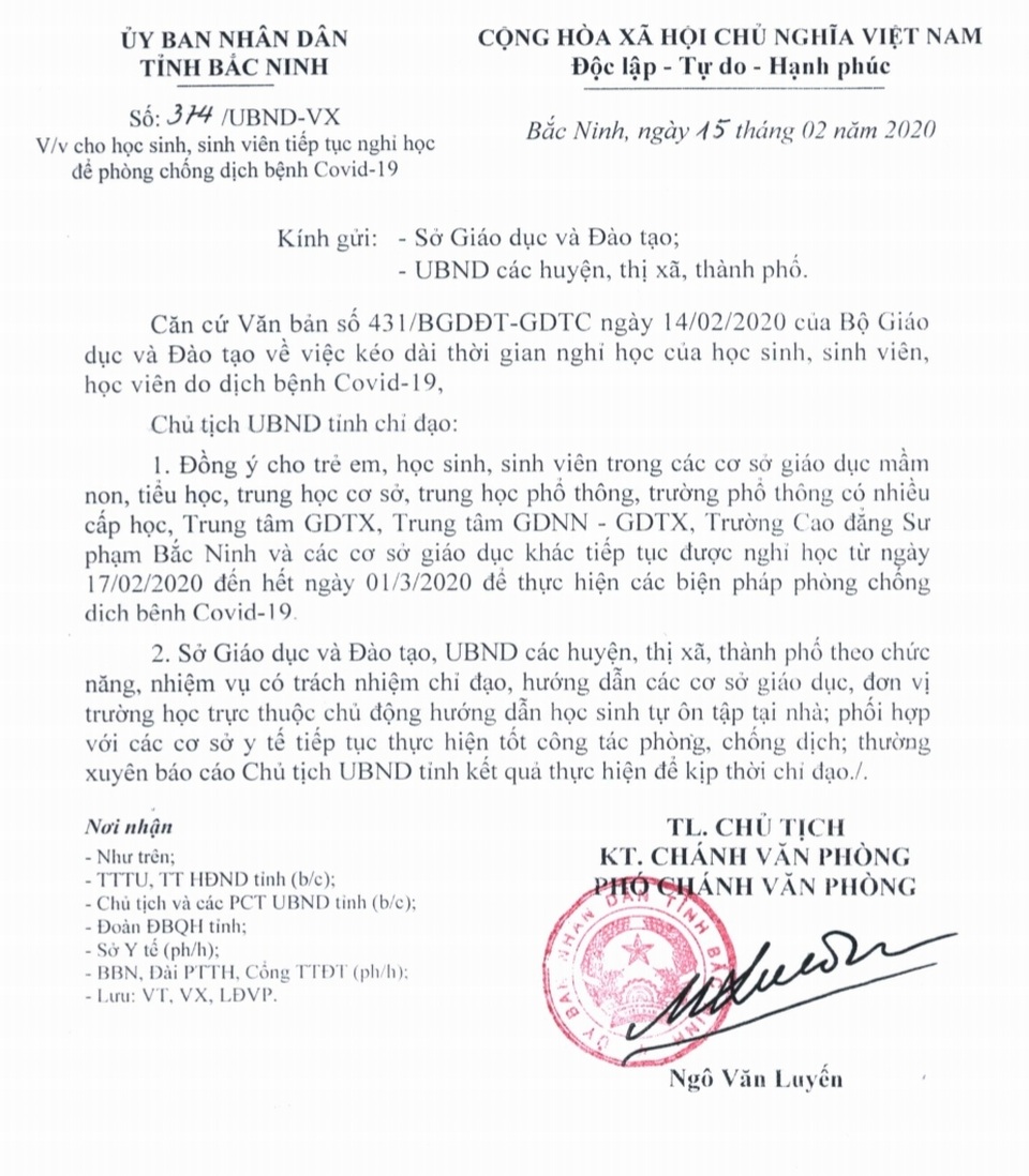 Bắc Ninh cho HS, SV nghỉ học đến hết tháng 2, hướng dẫn HS tự ôn tập - 2 Bắc Ninh cho HS, SV nghỉ học đến hết tháng 2, hướng dẫn HS tự ôn tập - 2