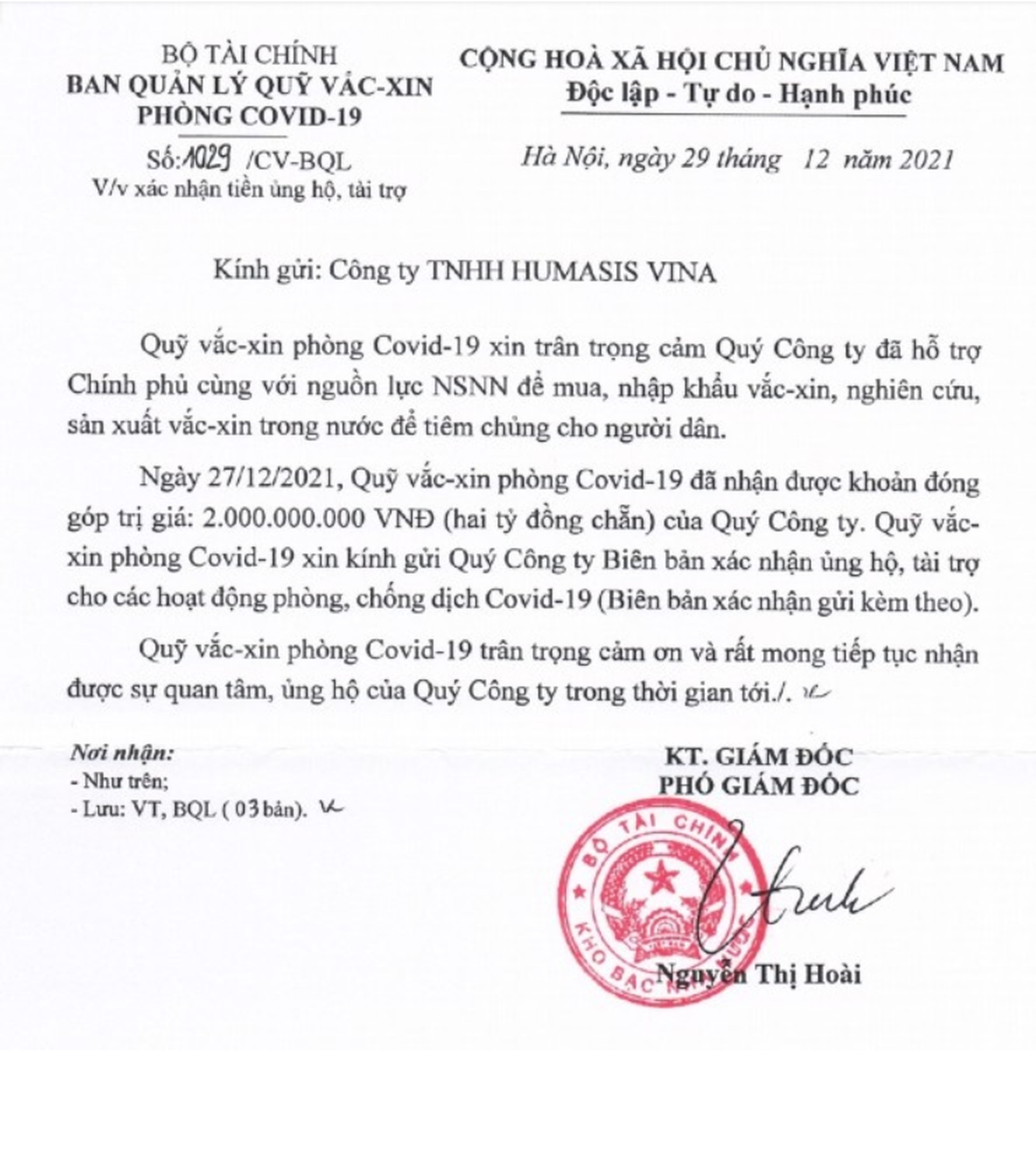 Humasis Vina ủng hộ 2 tỷ đồng cho Quỹ Vaccine Covid-19 - 1 Humasis Vina ủng hộ 2 tỷ đồng cho Quỹ Vaccine Covid-19 - 1