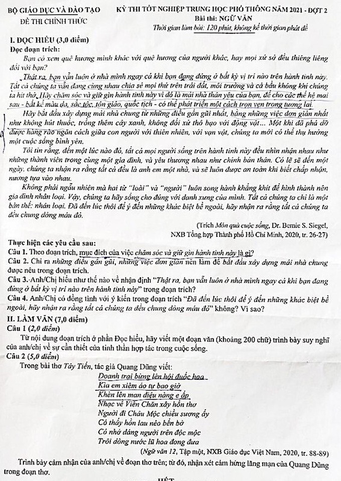 Đề thi môn Ngữ văn THPT 2021 đợt 2, phổ điểm trung bình từ 6.5 - 7.5  - Ảnh 3.