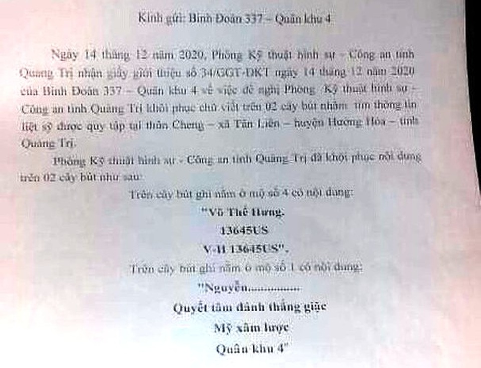 Xác định được danh tính liệt sĩ dựa vào chiếc bút chôn kèm hài cốt - 1 Xác định được danh tính liệt sĩ dựa vào chiếc bút chôn kèm hài cốt - 1