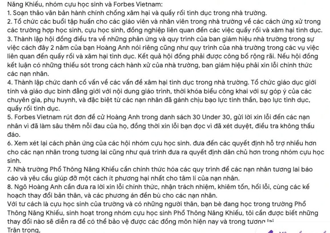 Cựu sinh kiến nghị Ngô Hoàng Anh cần xin lỗi sau vụ bị tố quấy rối - 1 Cựu sinh kiến nghị Ngô Hoàng Anh cần xin lỗi sau vụ bị tố quấy rối - 1