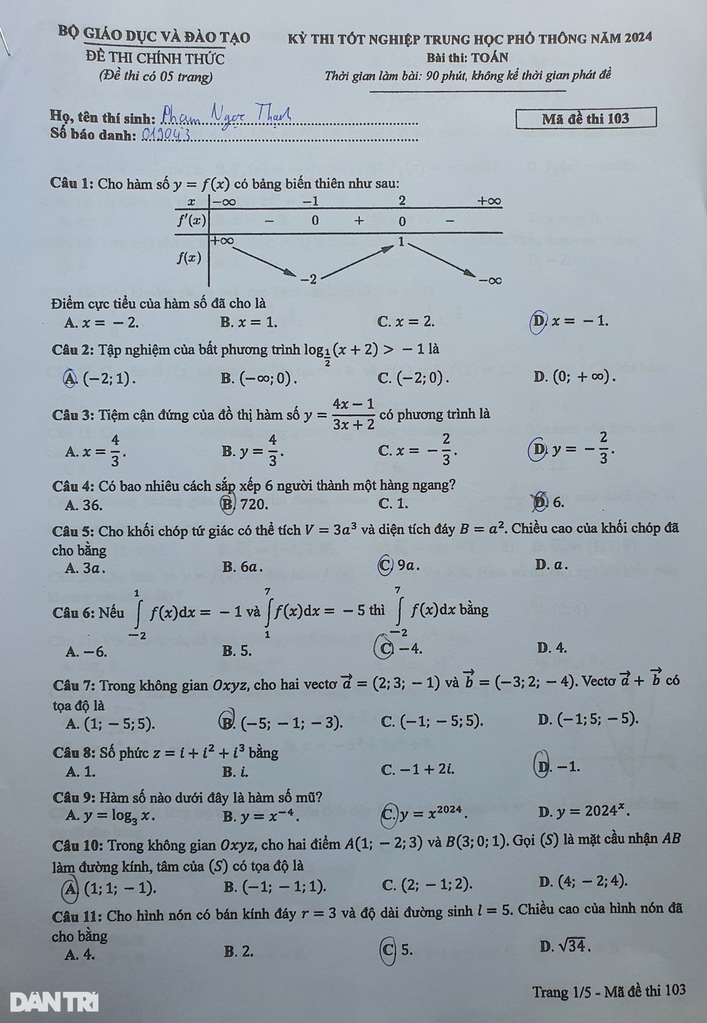Gợi ý đáp án môn toán mã đề 101, 102, 103, 104, 105, 106, 107, 108 - 9