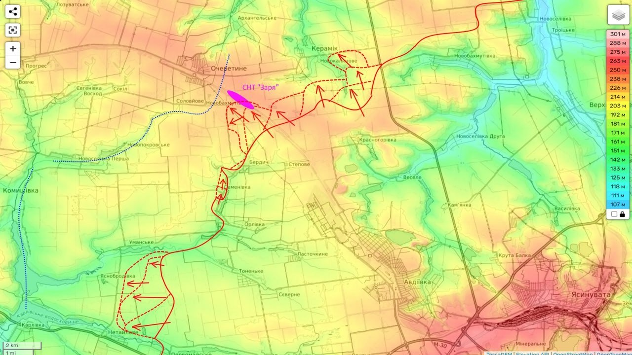 Bản đồ chiến sự Ukraine ở phía tây và phía bắc Avdiivka ngày 15/4. Trong đó, các mũi tên đỏ là hướng tấn công của Nga và những khu vực bao quanh bởi nét đứt màu đỏ là nơi họ vừa chiếm được (Ảnh: Geroman).