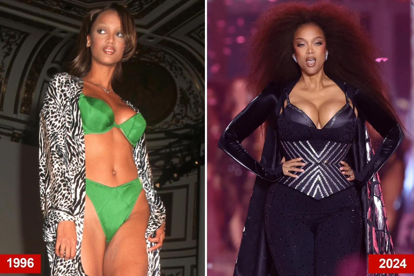 Cựu thiên thần Tyra Banks (51 tuổi) giữ vị trí vedette, kết màn trong chiếc áo corset và quần bó đính kim tuyến lấp lánh. Cô trở thành thiên thần của Victoria's Secret từ năm 1997 đến năm 2005. Từ những năm 2000, cô đã là một trong những siêu mẫu kiếm tiền giỏi nhất thế giới. Hiện, Tyra làm công việc giám khảo cho các chương trình truyền hình thực tế (Ảnh: Page Six).