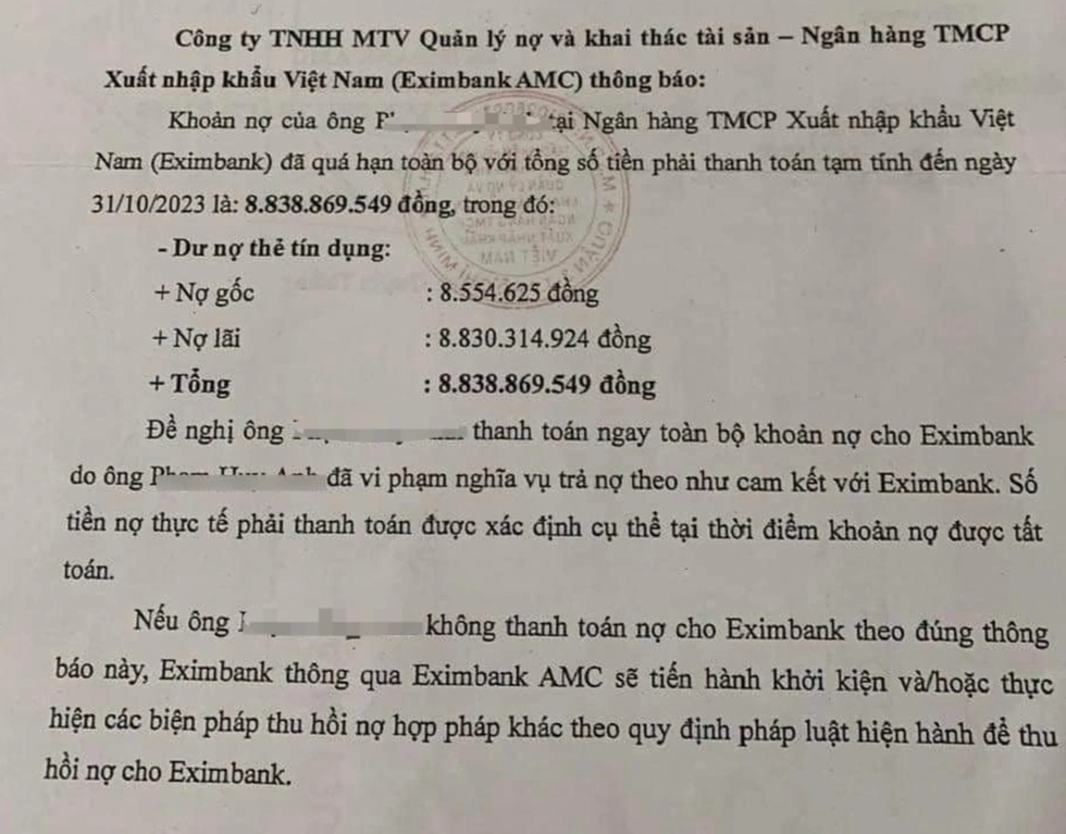 Thông tin người đàn ông nợ thẻ tín dụng 8,5 triệu đồng từ năm 2013 nhưng chưa trả, khiến khoản nợ tăng lên thành hơn 8,83 tỷ đồng khiến dân mạng xôn xao (Ảnh: MXH).