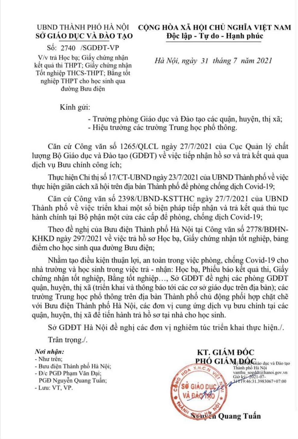 Đang giãn cách, Hà Nội trả giấy chứng nhận kết quả thi qua đường bưu điện - 1