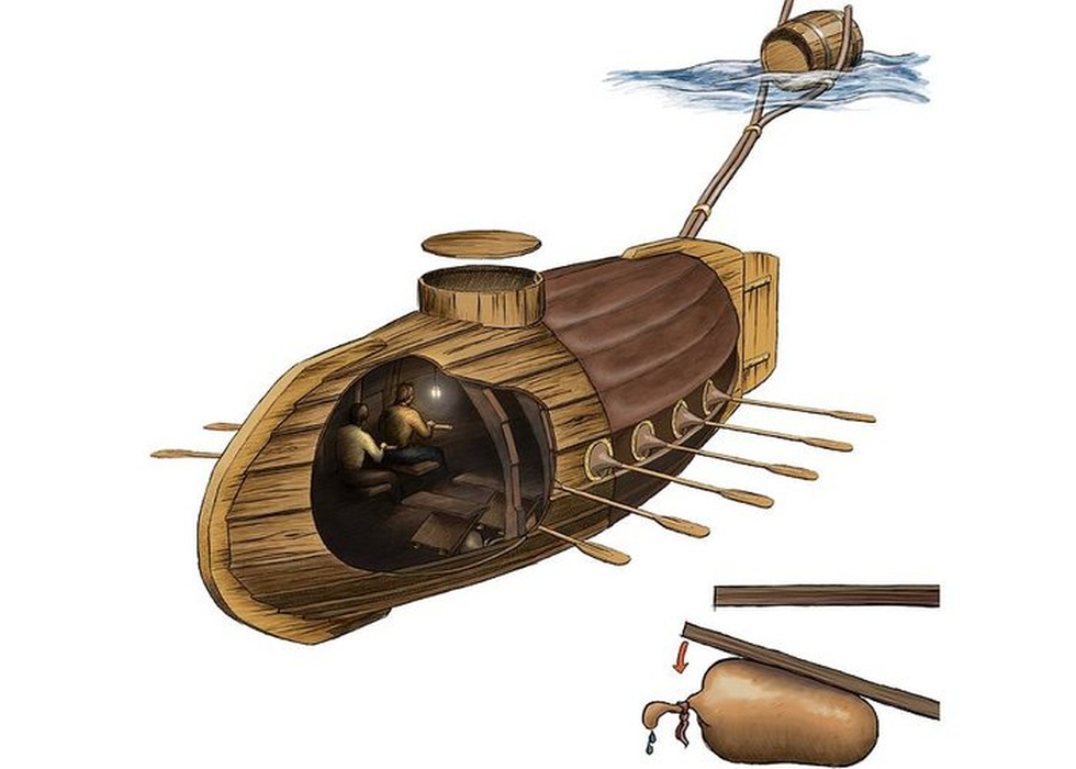 Bản vẽ minh họa tàu ngầm đầu tiên trong lịch sử do Cornelis Drebbel thiết kế (Ảnh: FEARTS). Bản vẽ minh họa tàu ngầm đầu tiên trong lịch sử do Cornelis Drebbel thiết kế (Ảnh: FEARTS).