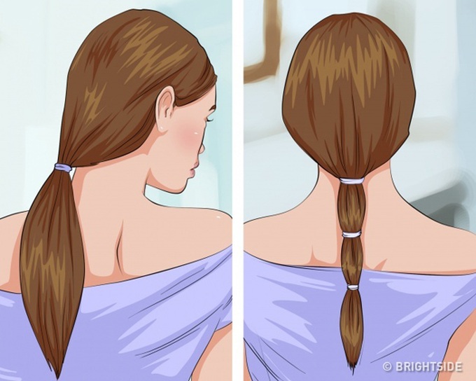 Buộc tóc gọn trước khi đi ngủBuộc tóc gọn gàng trước khi đi ngủ giúp hạn chế ma sát tóc với gối, chăn, gây ra tích điện, khiến tóc yếu đi, dễ gãy rụng.