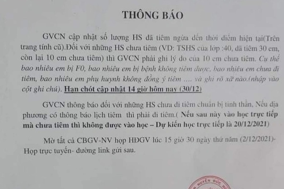 Nhà trường thông báo học sinh không tiêm vaccine không được vào học - 1 Nhà trường thông báo học sinh không tiêm vaccine không được vào học - 1