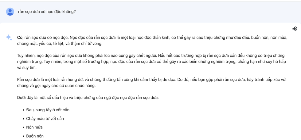 Bard đưa ra câu trả lời sai thông tin cơ bản về rắn sọc dưa (Ảnh chụp màn hình). Bard đưa ra câu trả lời sai thông tin cơ bản về rắn sọc dưa (Ảnh chụp màn hình).