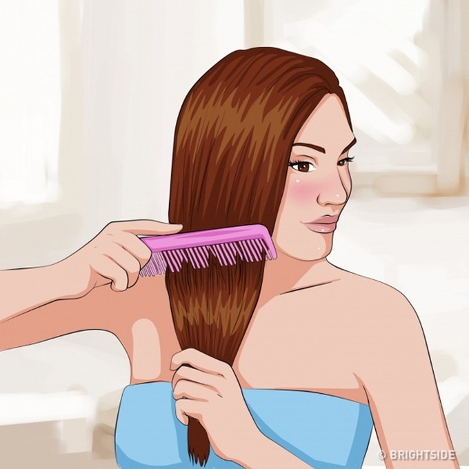 Không chải đầu khi tóc ướtTóc ướt là lúc tóc yếu ớt nhất, nên hạn chế tác dụng lực lên da đầu. Nếu tóc quá rối, bạn có thể sử dụng một chiếc lược răng thưa, giữ chặt phần thân tóc và chải nhẹ nhàng phần đuôi.